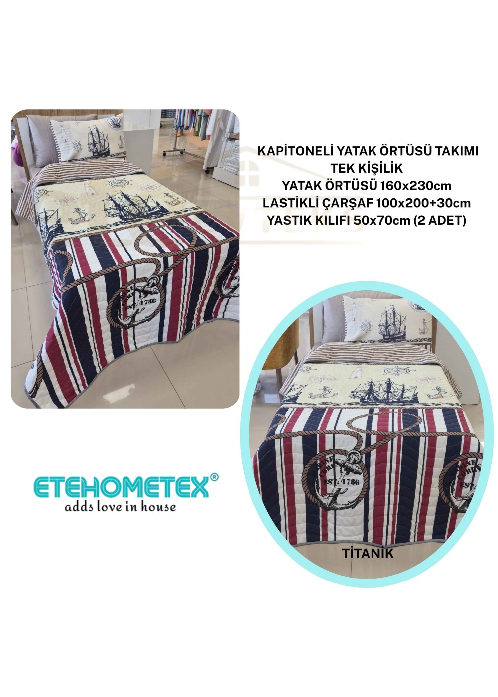 ETEHOMETEX Pamuklu Kapitoneli Yatak Örtüsü TAKIMI TEK KİŞİLİK TİTANİC 8696474232123